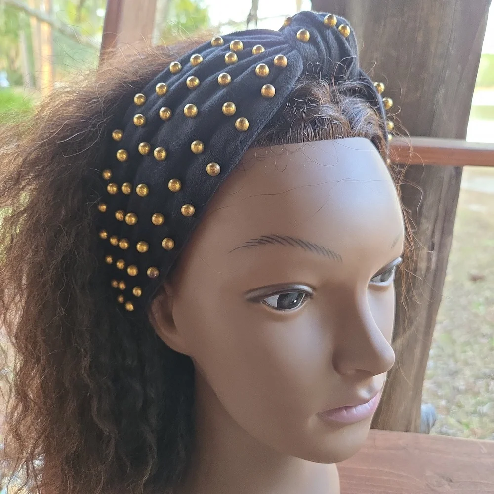Black top knot wide chunky headband dotted with gold studs Y2K